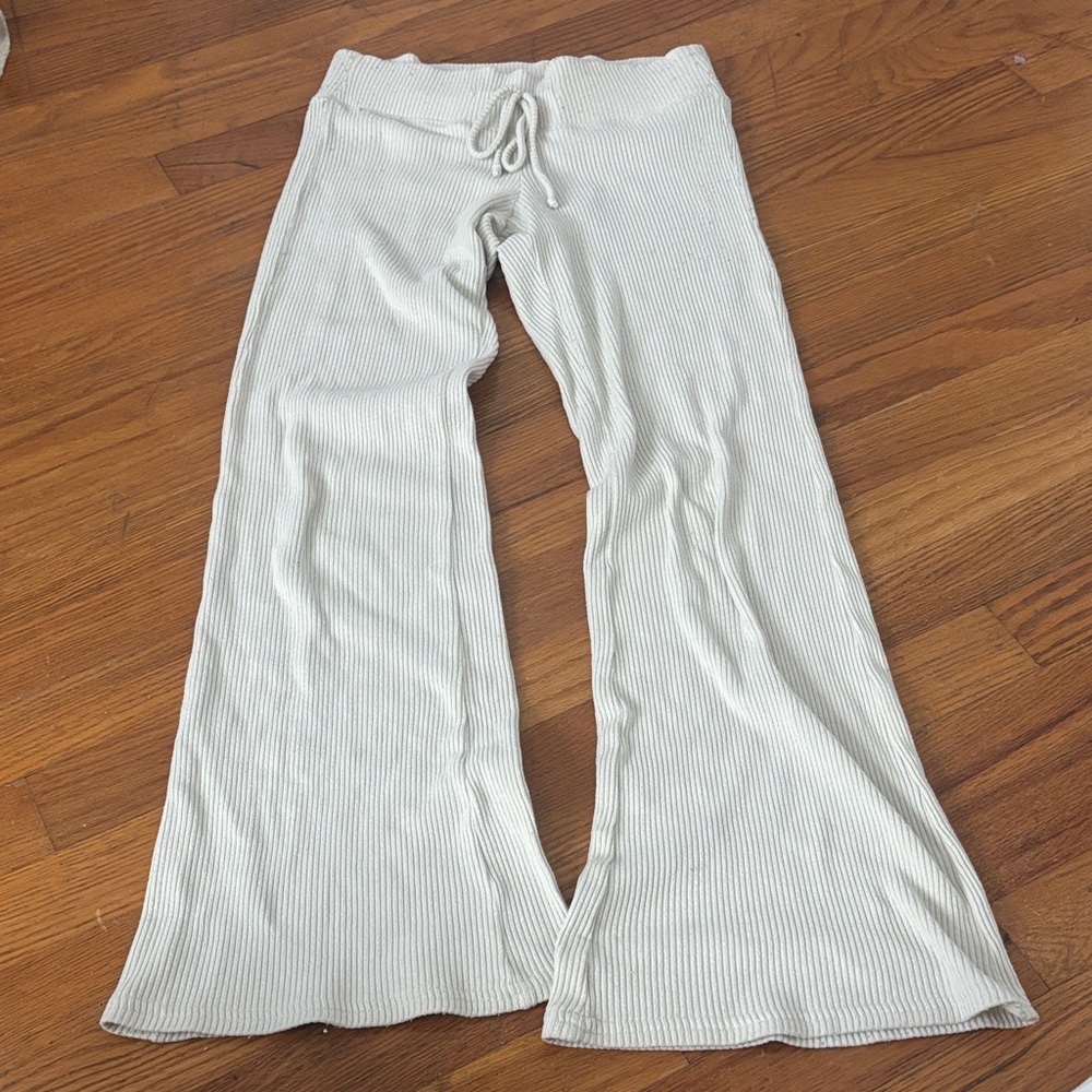 Low Rise Cream Ribbed Wide-Leg Pants